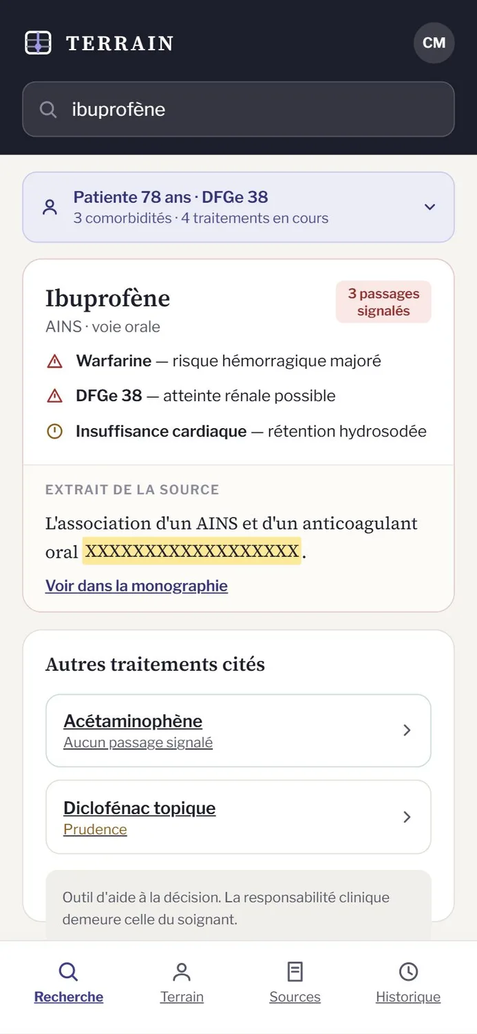 Terrain sur mobile au chevet du patient : contexte clinique, passages signalés, extrait de la source et autres traitements cités