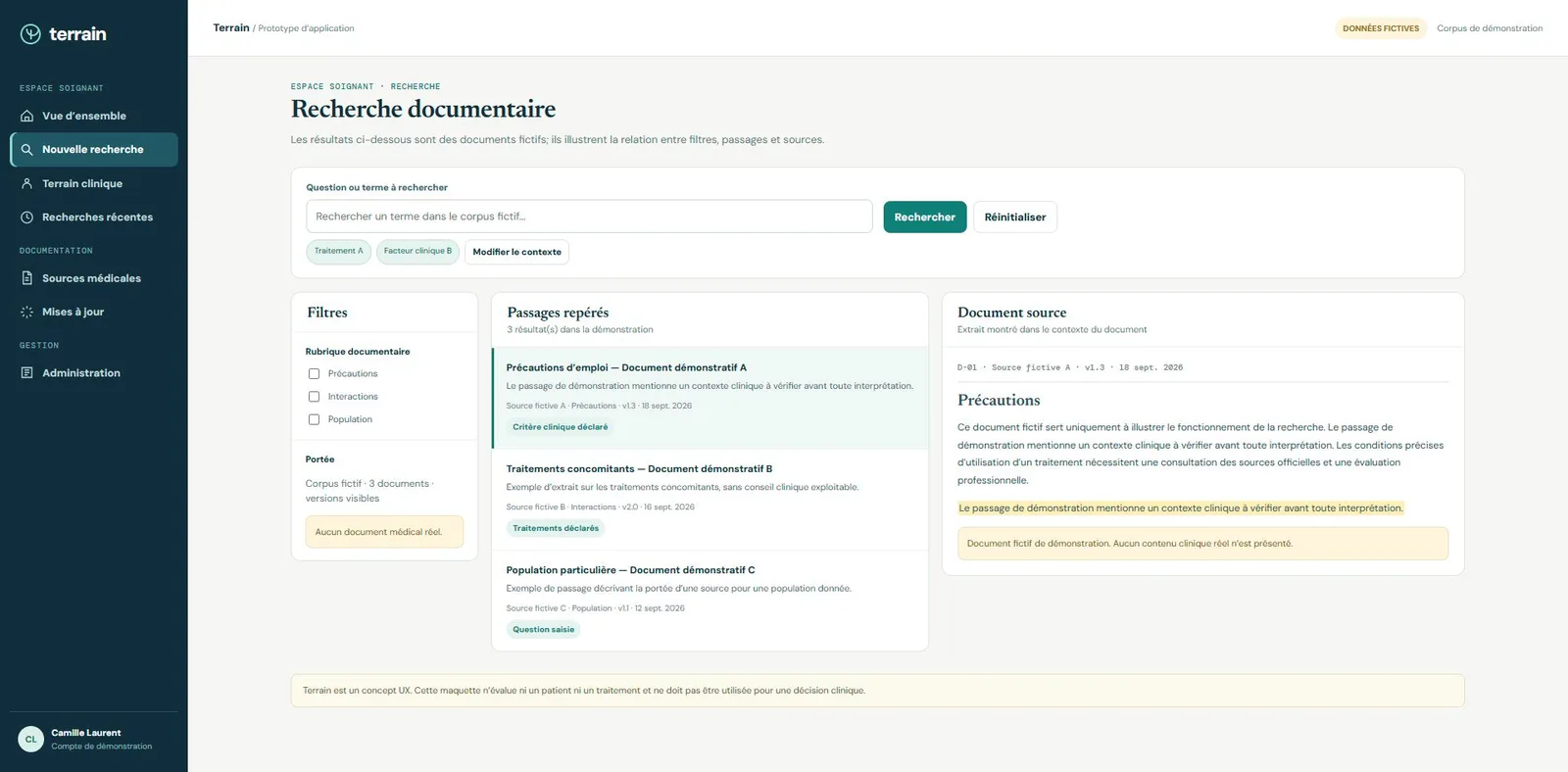Recherche documentaire Terrain : filtres, passages repérés et document source surligné