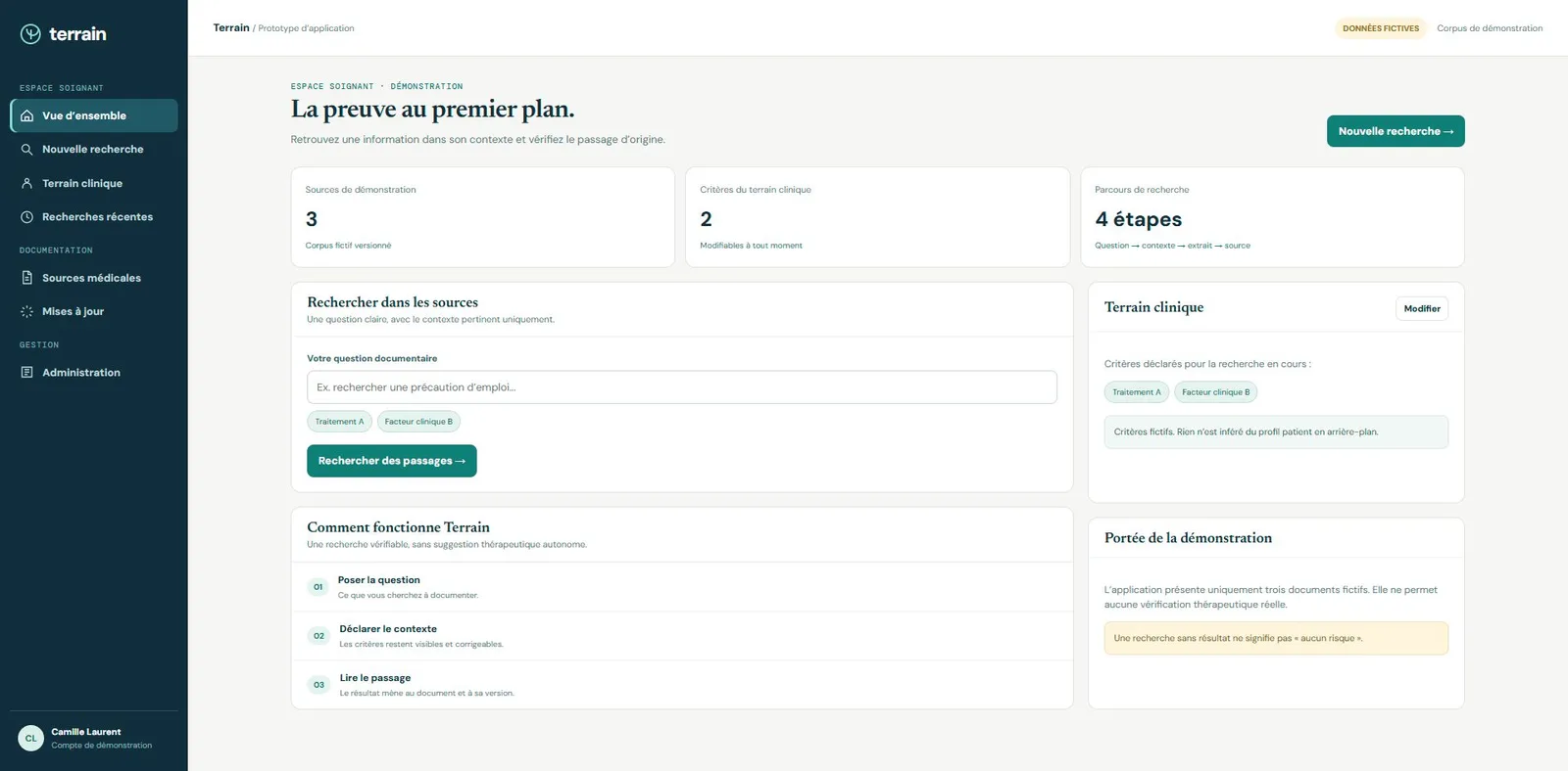 Vue d’ensemble Terrain : recherche dans les sources, terrain clinique déclaré et fonctionnement en trois étapes