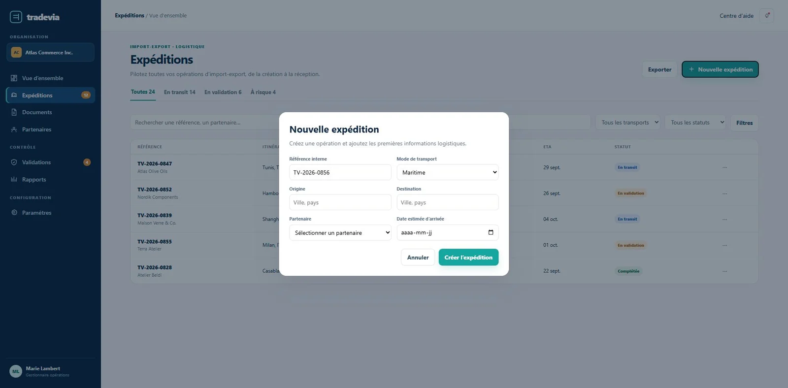 Liste des expéditions Tradevia avec la fenêtre de création d’une nouvelle expédition