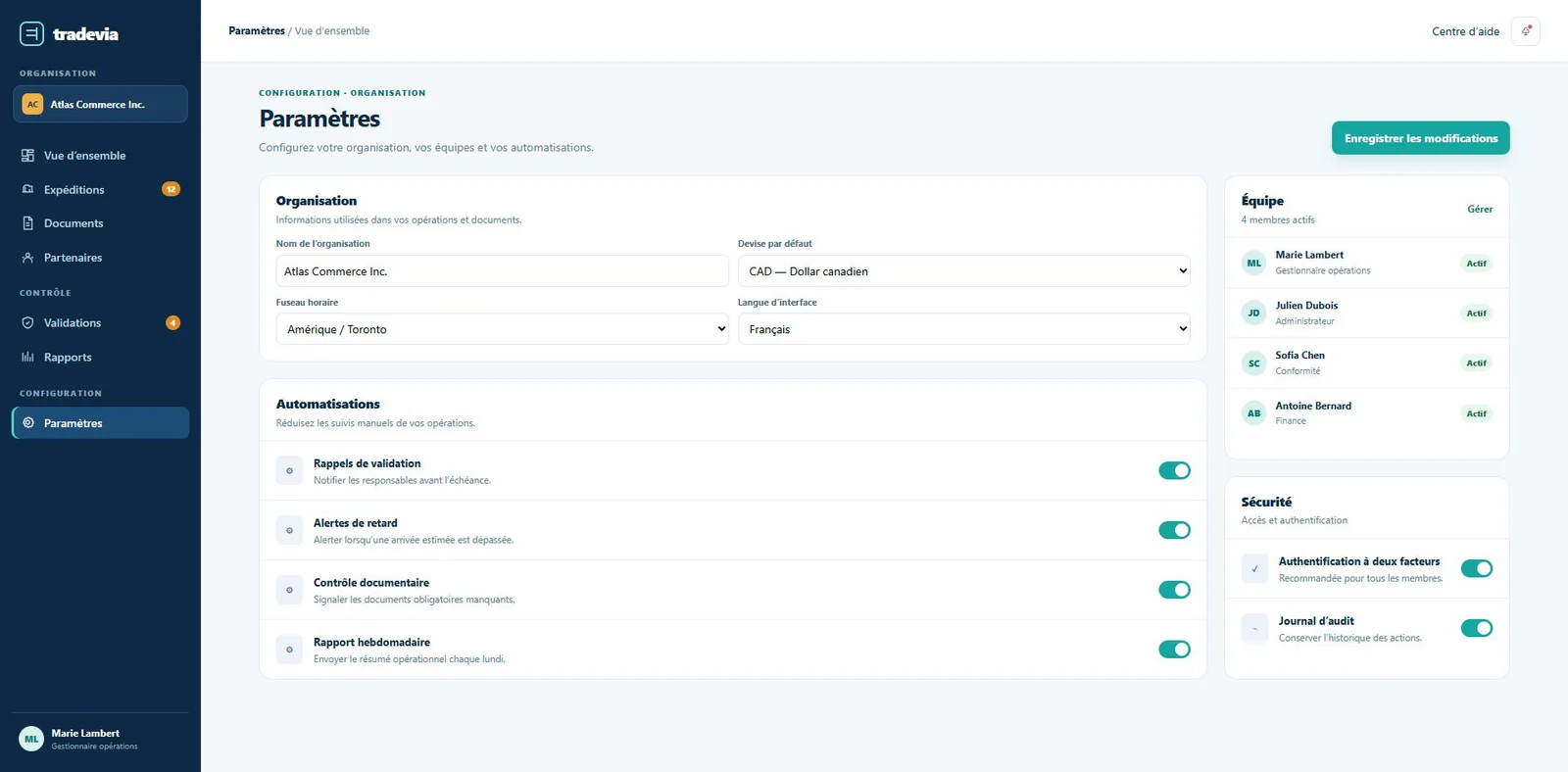 Paramètres Tradevia : organisation, automatisations, équipe et sécurité