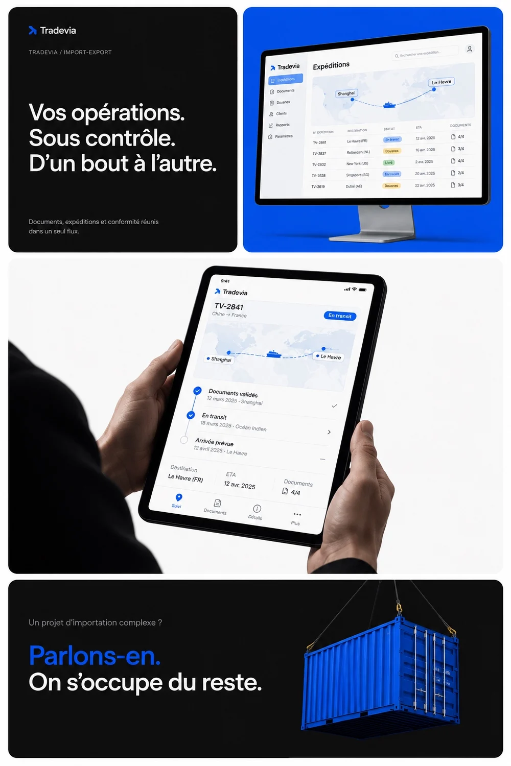Aperçu Tradevia : suivi des expéditions sur ordinateur et tablette, documents et conformité réunis dans un seul flux