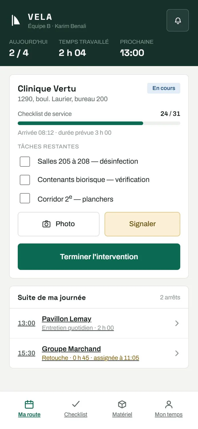 Mode terrain VELA sur mobile : intervention en cours, checklist de service et suite de la journée