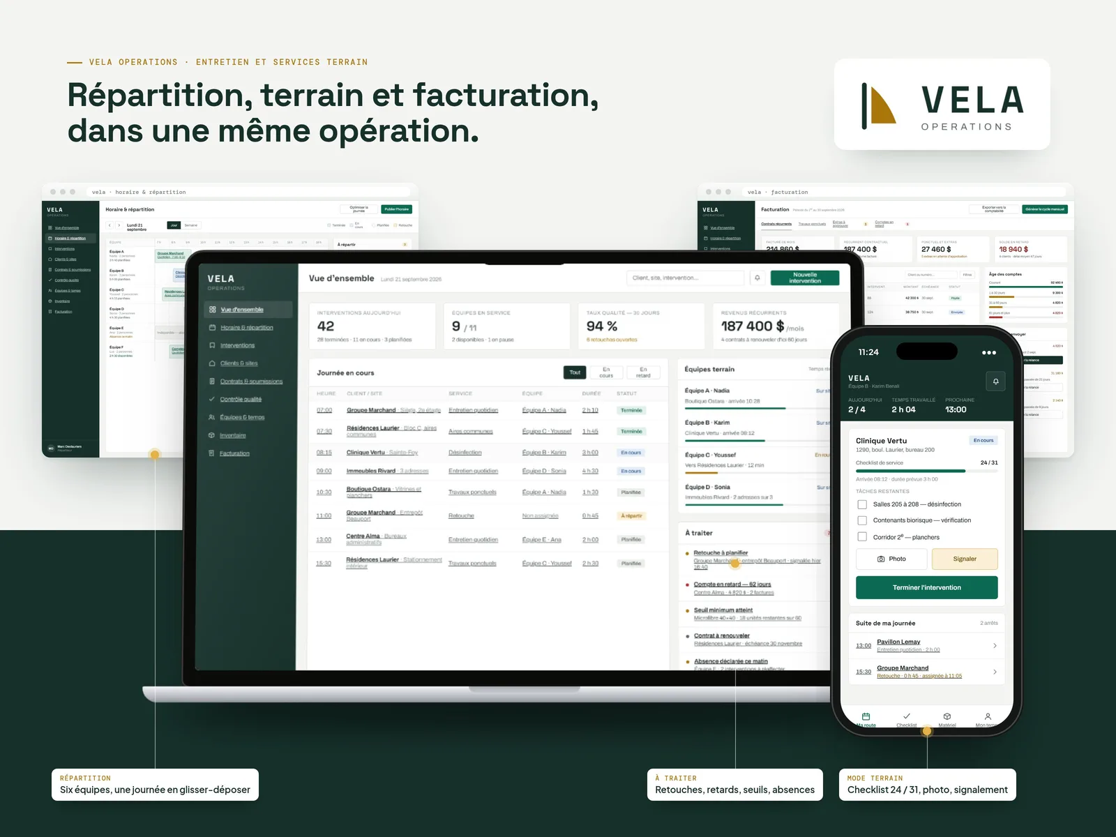 Présentation VELA Operations : répartition, terrain et facturation dans une même opération, sur ordinateur et mobile