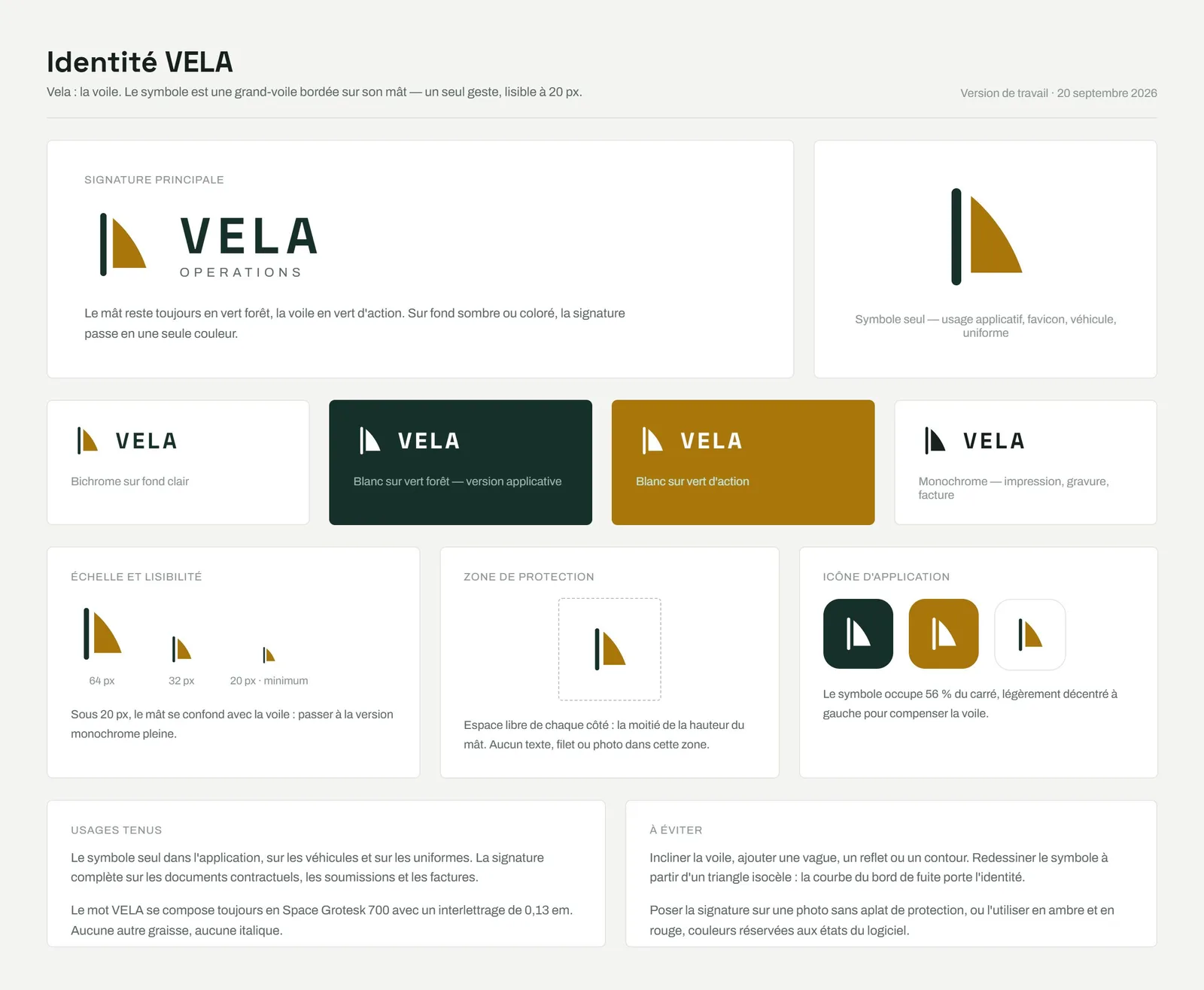 Système d’identité VELA : signature, symbole de grand-voile, échelle de lisibilité et usages