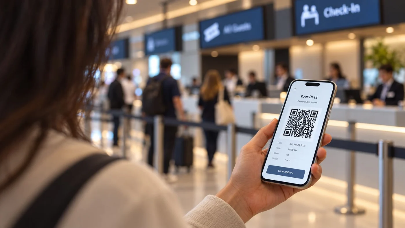 Traveler holding a mobile pass with a QR code while approaching a check-in counter
